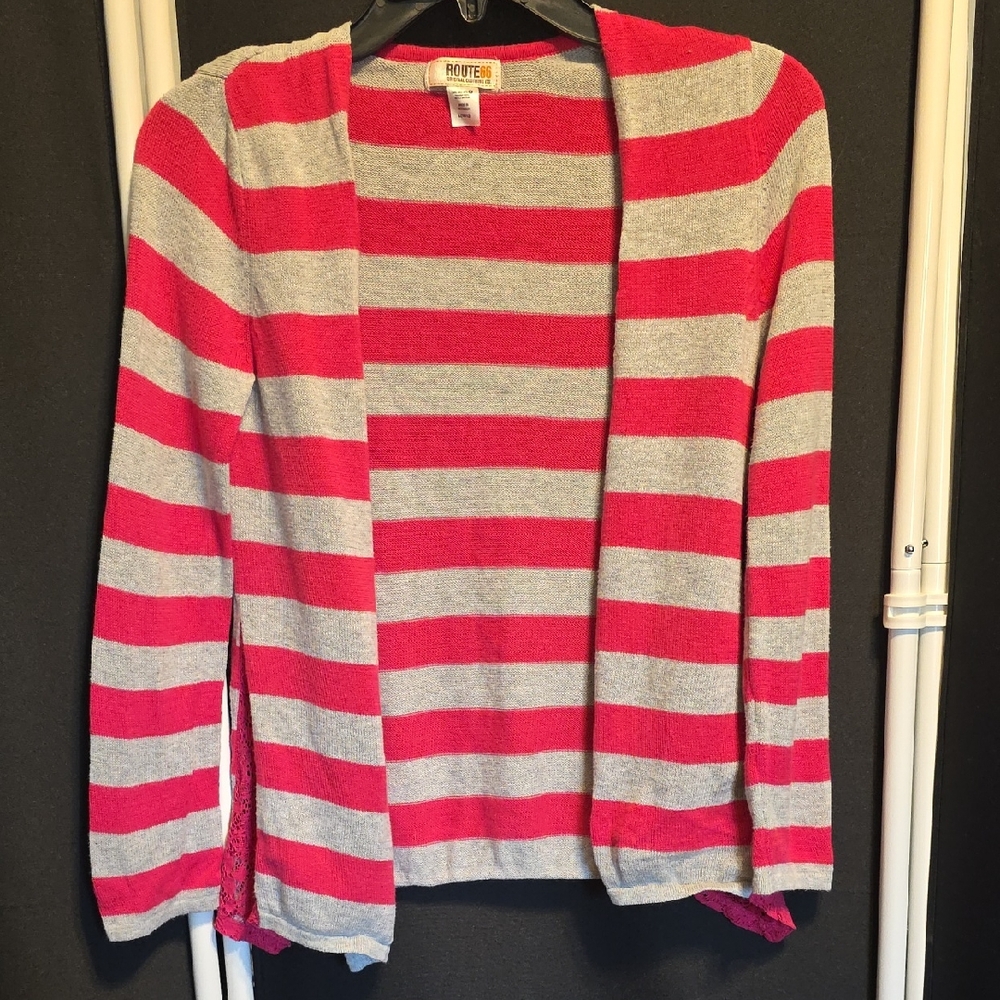 Route 66 Girls Cardigan Sweater in Pink and Gray Stripes